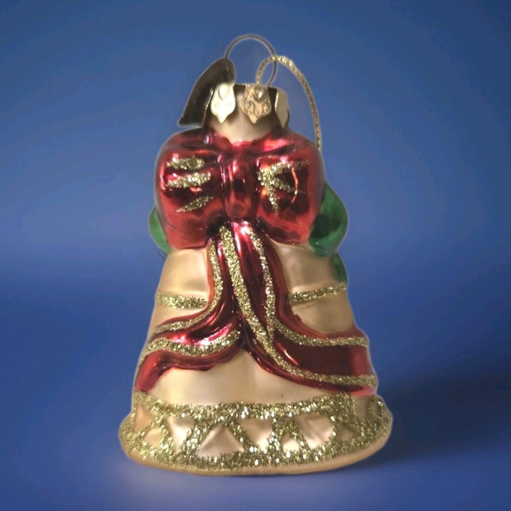 Vtg Pacconi Blown Glass Christmas Bell Ornament Red Bow Poinsettia Gold Glitter